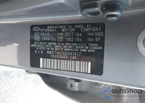 2016 Hyundai Accent Se z USA, uszkodzony, nr VIN KMHCT4AE9GU043417